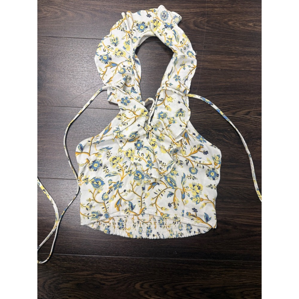 Kendall & Kylie Floral Ruffle Smocked Halter Crop Top - Size Small